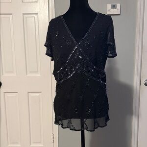 Papell Boutique Black Beaded V-Neck Blouse